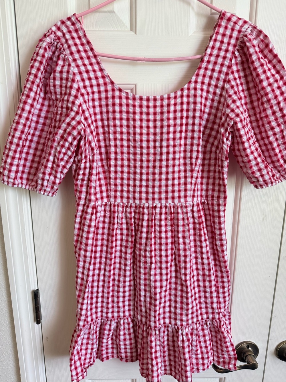 LOFT Red and White Gingham Short Sleeve Dress